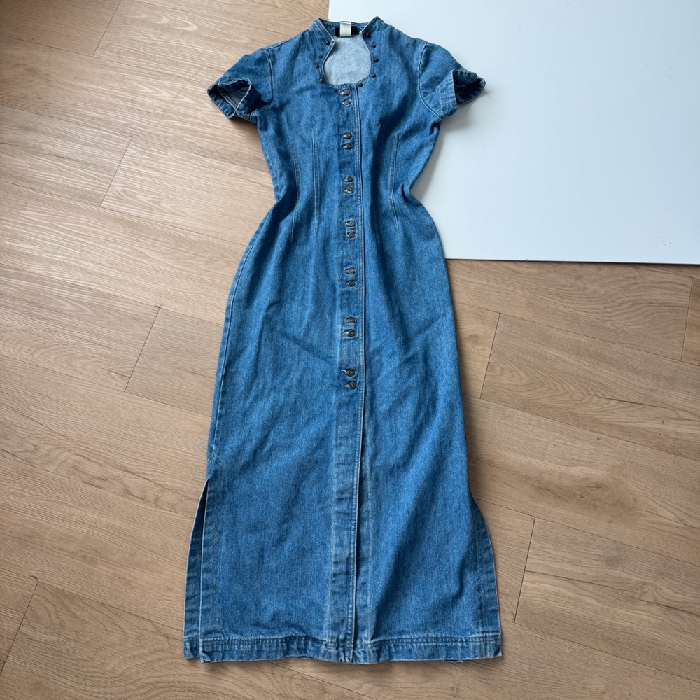 Roughrider by Circle T Vintage Denim Maxi Dress Blue Studded Keyhole Small